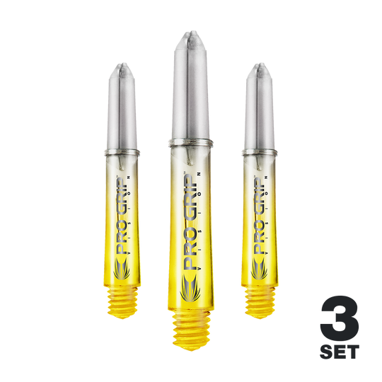 Tiges Target Pro Grip Vision - 3 jeux - Jaune Auf dem Bild sind drei gelbe Pro Grip Vision Shafts für Darts zu sehen. Unten rechts steht, dass es sich um ein 3er-Set handelt.