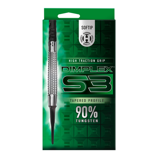 Fléchettes souples coniques Harrows Dimplex S3 Das Bild zeigt die Verpackung der "Harrows Dimplex S3 Tapered Softdarts". Auf der Packung steht, dass die Darts einen hohen Grip und einen 90%igen Tungsten-Anteil haben.