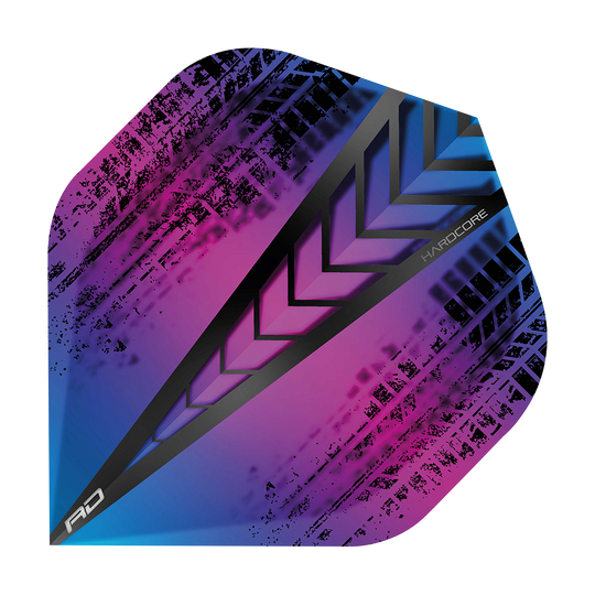 Das Bild zeigt das Produkt "Red Dragon Hardcore Standard Flights 6334". Das Flight hat ein auffälliges Design mit schwarz-violetten und blauen Farbverläufen sowie einem modernen Muster.