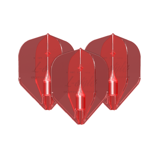 Vols L-Style Fantom L1EZ Rouge Das Bild zeigt drei rote Dart-Flights des Modells "L-Style Fantom L1EZ". Sie sind aus durchsichtigem Material gefertigt und haben eine klassische Form.