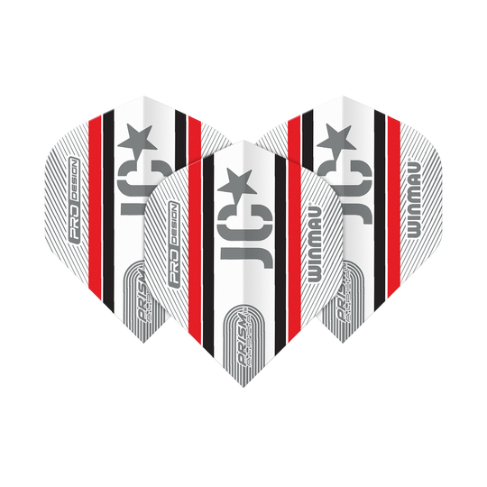 Vols standard Winmau Alpha Joe Cullen Cullen 85 Das Bild zeigt drei Winmau Alpha Joe Cullen 85 Standard Flights für Darts. Sie sind überwiegend weiß mit schwarzen und roten Streifen sowie silbernen Aufdrucken.