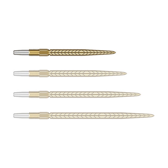 Auf dem Bild sind vier goldfarbene Dartspitzen mit silbernem Gewinde zu sehen. Sie liegen nebeneinander und haben ein feines Muster auf der Oberfläche.