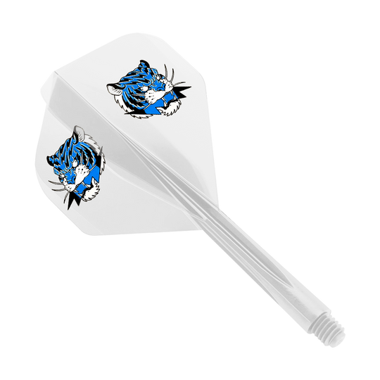 Condor AX Inazuma Tiger Mix Flight System Jaune Clair - Petit Das Bild zeigt ein Dart-Flight-System in transparentem Gelb mit einem kleinen Format. Auf den Flights ist ein blauer Tigerkopf abgebildet.