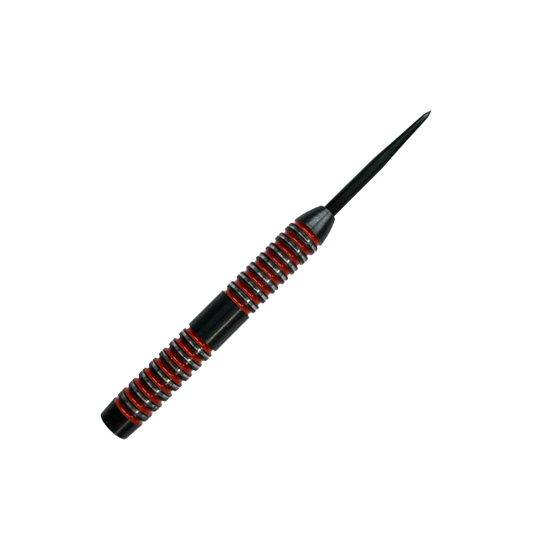 Canons en acier McDart Crimson Das Bild zeigt einen McDart Crimson Steeldart Barrel. Der Barrel ist schwarz mit auffälligen roten Ringen und hat ein gerilltes Design für besseren Halt.