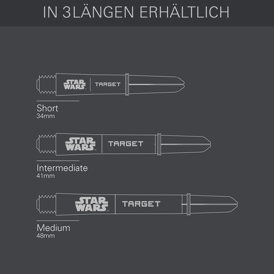 Poignées Target Star Wars ProGrip - Noires Zu sehen sind die Target Star Wars ProGrip Shafts in schwarzer Ausführung. Die Schäfte sind speziell für Dartspieler gestaltet.