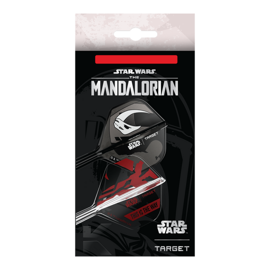Dieses Bild zeigt das Target Star Wars K-Flex-Set Mandalorian No2 Standard Flights. Die Dart Flights haben ein Mandalorian-Design aus der Star Wars Serie.