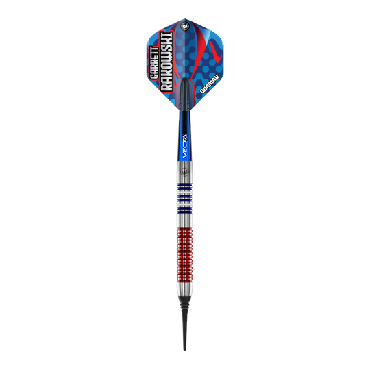 Fléchettes souples Winmau Garrett Rakowski - 20g Das Bild zeigt einen Winmau Garrett Rakowski Softdart mit einem Gewicht von 20g. Der Dart hat ein farbenfrohes, modernes Design mit blauen, roten und silbernen Elementen.