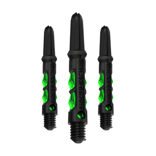 HR422_Harrows_Carbon_ST_Shafts_Gr-n_33mm_1 Das Bild zeigt drei schwarze Dartshafts mit grünen Akzenten. Auf den Shafts steht der Schriftzug "CARBON ST".