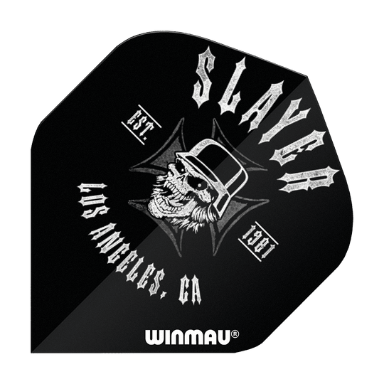 6905-222_Winmau_Rockstar_Legends_Slayer_LA_Standard_Flights_1 Das Bild zeigt ein schwarzes Dartflight mit einem weißen Totenkopf-Design und dem Schriftzug „Slayer“. Unten ist das Winmau-Logo zu sehen.