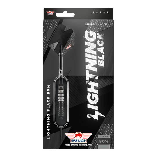 Fléchettes Bulls NL Lightning en acier noir Das Bild zeigt die Verpackung der "Bulls NL Lightning Black Steeldarts". Die Darts haben ein schwarzes Design und bestehen zu 90% aus Tungsten.