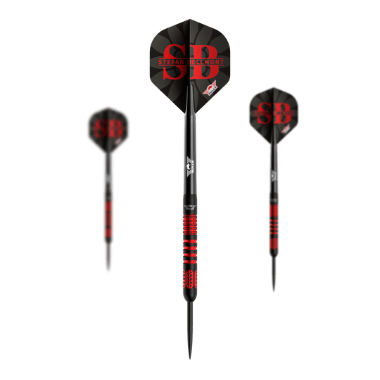 Ein Satz Bulls NL Stefan Bellmont 90 Steeldarts mit 23 Gramm ist abgebildet. Die Darts sind speziell für das Steeldartspiel entwickelt.
