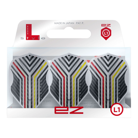 L-Style Arno Merk V1 Clear White L1EZ Flights werden als Set mit transparentem Design gezeigt. Die spezielle Form und Farbe sind erkennbar.
