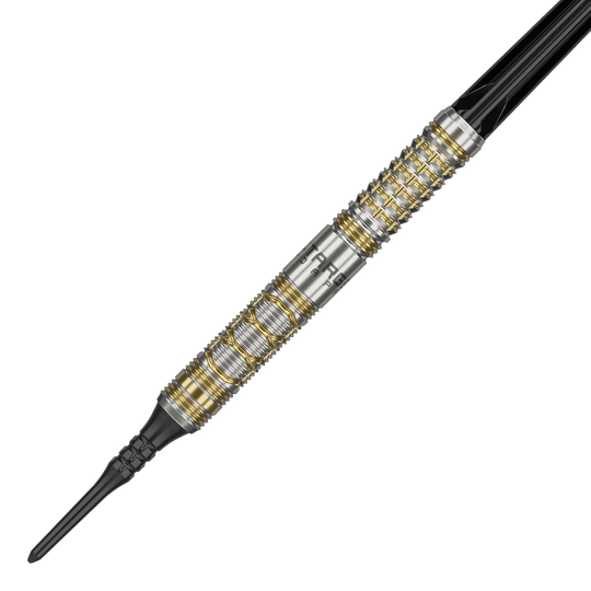 Fléchettes souples Target Japan Black Marque Reyn GEN2 - 17,5 g Das Bild zeigt den Softdart "Target Japan Black Marque Reyn GEN2" mit einem Gewicht von 17,5 g. Der Dartpfeil hat ein silbernes Design mit goldenen Akzenten und einer schwarzen Spitze.