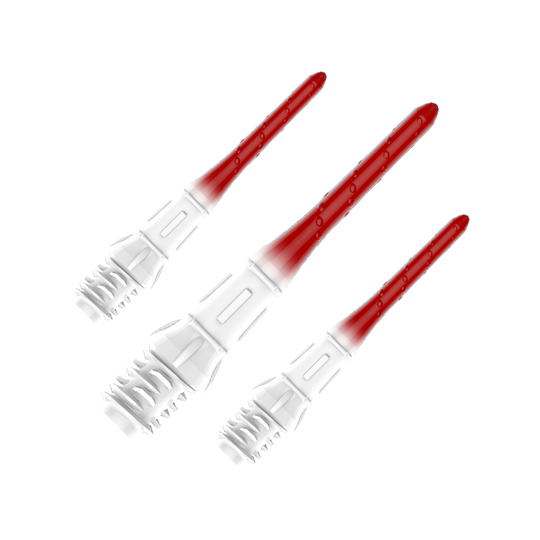 Embouts de lèvres dégradés L-Style Premium (paquet de 30) Das Bild zeigt drei hochwertige Dartspitzen mit einem Farbverlauf von Weiß zu Rot. Die Spitzen sind ordentlich nebeneinander angeordnet und haben eine glänzende Oberfläche.