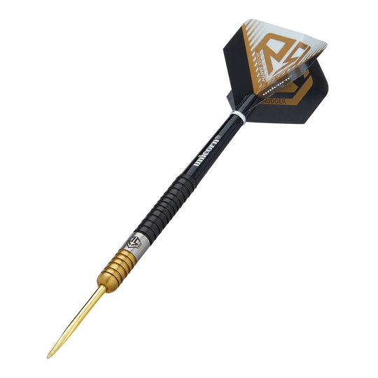 Fléchettes en acier bicolore Unicorn Ross Smith Dies ist ein Steeldart namens "Unicorn Ross Smith Two-Tone Steeldarts". Er hat eine goldene Spitze, einen zweifarbigen Griff und schwarze Flights mit gold-weißen Akzenten.