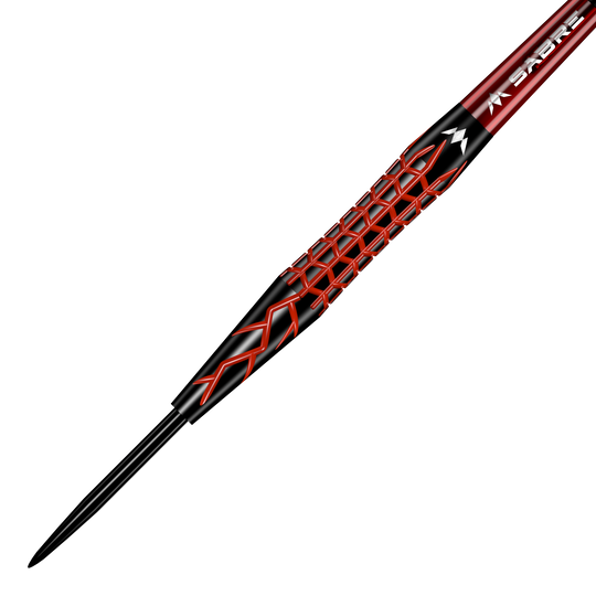 Fléchettes en acier Mission Lava Das Bild zeigt einen Mission Lava Steeldart. Der Dart hat ein auffälliges schwarzes und rotes Design mit einem rautenförmigen Muster auf dem Griff.