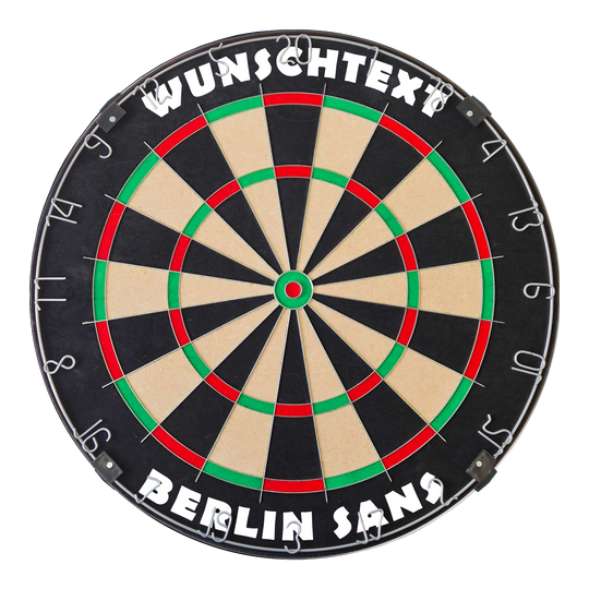 Dartboard mit Wunschtext Das Bild zeigt ein Dartboard mit silbernem Ring und BerlinSans-Schrift. Die Datei heißt 'MCDB_Dartboard_mit_Wunschtext_TraditionellerRingSilber_1_BerlinSans'.