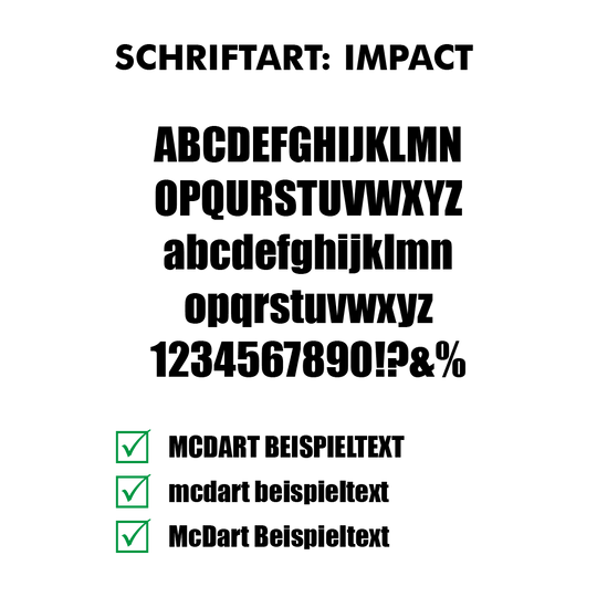 Flightdruck_Schriftart_Impactk7oCrQ5J1jsYv Abbildung eines Schriftmuster-Flights mit dem Namen Impact. Das Motiv ist auf einem typischen Dartflight sichtbar.