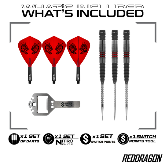 Fléchettes en acier Red Dragon Jonny Clayton Hireath Switch Point Zu sehen sind die Red Dragon Jonny Clayton Hireath Switch Point Steeldarts. Diese Pfeile sind für ihre hochwertige Verarbeitung bekannt.
