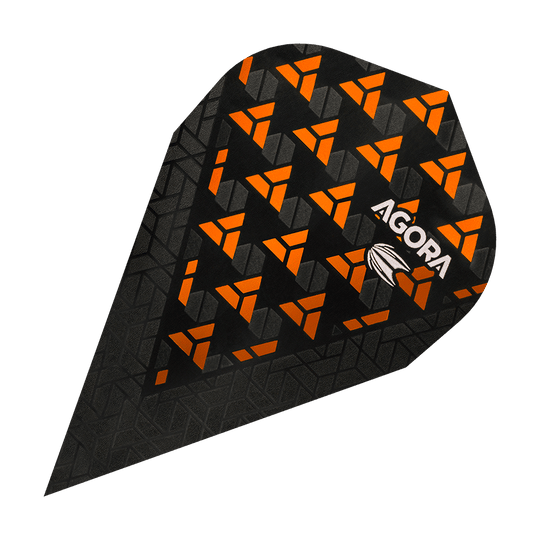 TG73_332670_Target_Agora_Ghost_Orange_Vapor_Flights_1ccLVS0L2XKB7y Das Bild zeigt einen Target Agora Ghost Orange Vapor Flight für Darts. Das Flight ist schwarz mit auffälligen orangefarbenen Mustern und dem Aufdruck „AGORA“.