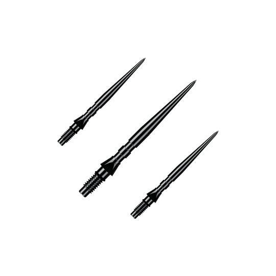Pointes de fléchettes Winmau Switch Point Groove en acier - Noires Auf dem Bild ist ein Set aus schwarzen Winmau Switch Point Groove Steeldartspitzen mit 26 mm Länge zu sehen. Diese Ersatzspitzen sind speziell für Steeldarts gedacht.
