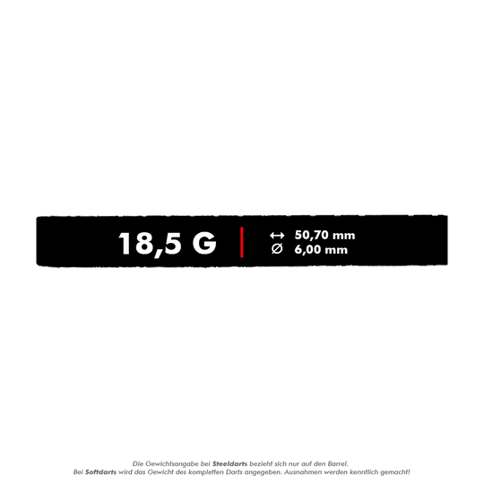 Fléchettes souples McDart 85 tungstène V24 - 18,5 g Das Bild zeigt die Produktspezifikationen der McDart 85er Tungsten V24 Softdarts mit einem Gewicht von 18,5 g. Die Darts sind 50,70 mm lang und haben einen Durchmesser von 6,00 mm.