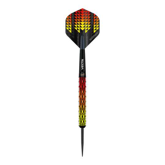 Fléchettes en acier parallèles Winmau Firestorm Flame Der Winmau Firestorm Flame Parallel Steeldart hat ein auffälliges Design in Flammenfarben mit gelben, orangefarbenen und roten Akzenten. Der Schaft und Flight sind schwarz mit geometrischen Mustern, die an Feuer erinnern.