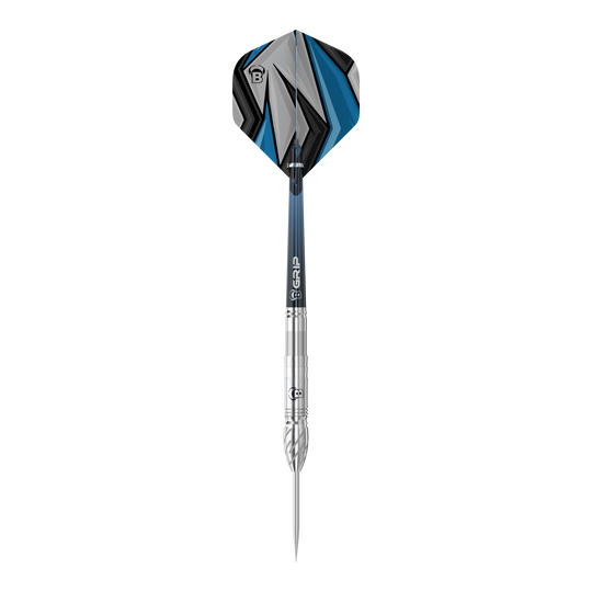 Fléchettes en acier Bulls Stone S1 Das Bild zeigt einen Steeldart der Marke Bulls, Modell Stone S1. Der Dart hat eine silberne Spitze und Schaft sowie ein Flight mit blau-schwarzem Muster.