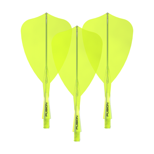 Système de vol Winmau Fusion Arrow Jaune fluo Das Winmau Fusion Flight Shaft System Arrow Neon Yellow 22mm Set ist auf dem Bild zu sehen. Es besteht aus gelben Dart-Flights und -Schäften.