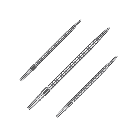 Pointes de fléchettes Target Swiss Diamond Pro Silver Points Auf dem Bild sind drei silberne Dartspitzen mit einem rautenförmigen Muster zu sehen. Sie sind nebeneinander angeordnet und haben eine Länge von 40 mm.