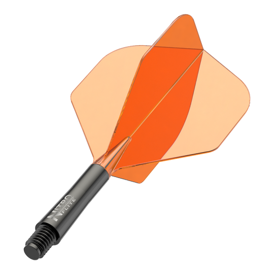 Red Dragon Nitroflite, tige noire, ailettes orange n° 2 Auf dem Bild ist ein schwarzer Dartschaft mit orangefarbenen Flights zu sehen. Es handelt sich um ein Zubehör für Dartpfeile.
