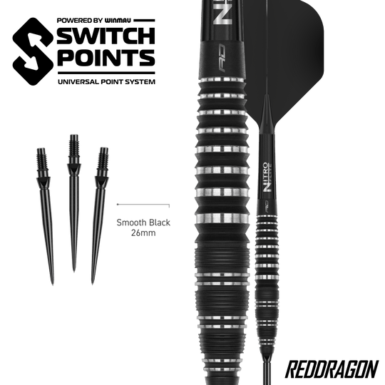 Fléchettes en acier Red Dragon Sable Bomb Switch Point Zu sehen sind die Red Dragon Sable Bomb Switch Point Steeldarts. Die Darts sind robust und für präzises Spiel konzipiert.