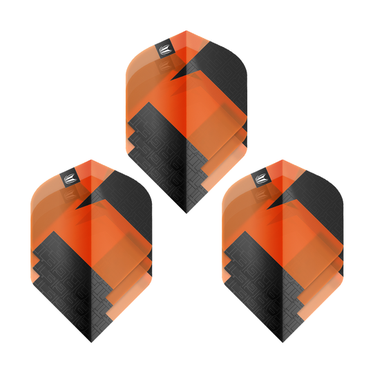 Ailettes standard Target Pro Ultra TAG Orange n° 2 - 3 jeux Das Bild zeigt drei Sets der Target Pro Ultra TAG Orange No2 Standard Flights. Die Flights sind in den Farben Orange und Schwarz gestaltet und haben ein geometrisches Muster.