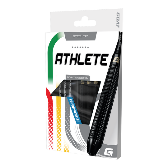 Fléchettes GOAT Athlete en acier tungstène noir Das Produkt GOAT Athlete Black Tungsten Steeldarts wird gezeigt. Die Darts sind für professionelle Spieler geeignet und in Schwarz gehalten.