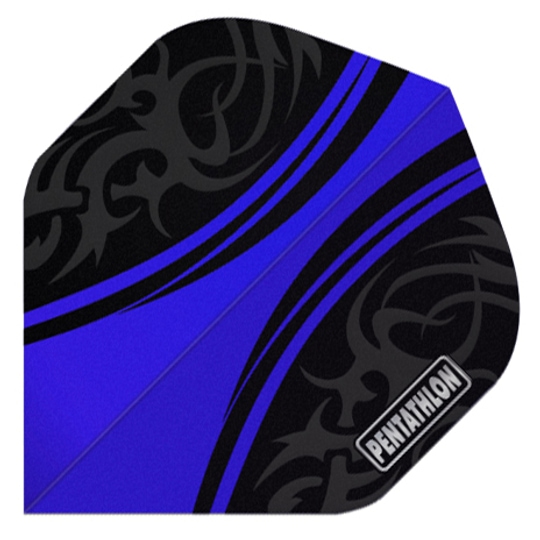 P186-PNT0175 Das Bild zeigt ein Dartflugblatt mit dem Namen "Pentathlon Flights P186". Es ist überwiegend in Schwarz und Blau gestaltet und trägt ein Muster sowie das Pentathlon-Logo.