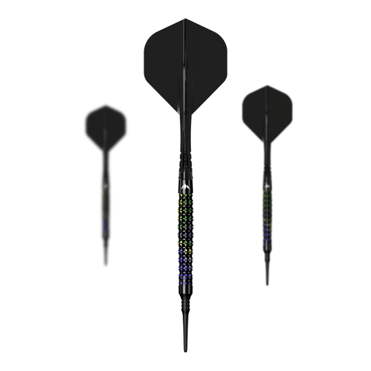 Mission Black Opal Softdarts - 20g im kompletten Set abgebildet. Das Set enthält alle Komponenten für das Dartspiel.