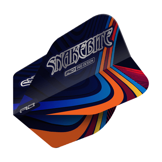 Ailettes Red Dragon Peter Wright Snakebite Multi Swirl No6 Das Bild zeigt ein Dartflight mit dem Namen "Red Dragon Peter Wright Snakebite Multi Swirl No6 Flights". Das Flight-Design ist bunt mit geschwungenen Linien in Blau, Orange, Rot und Gelb, und trägt die Aufschrift "Snakebite".
