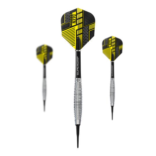 Fléchettes souples Harrows NX90 Bomb Das Bild zeigt drei Harrows NX90 Bomb Softdarts mit schwarz-gelben Flights. Die Darts haben silberne, geriffelte Griffe und Spitzen aus Kunststoff.