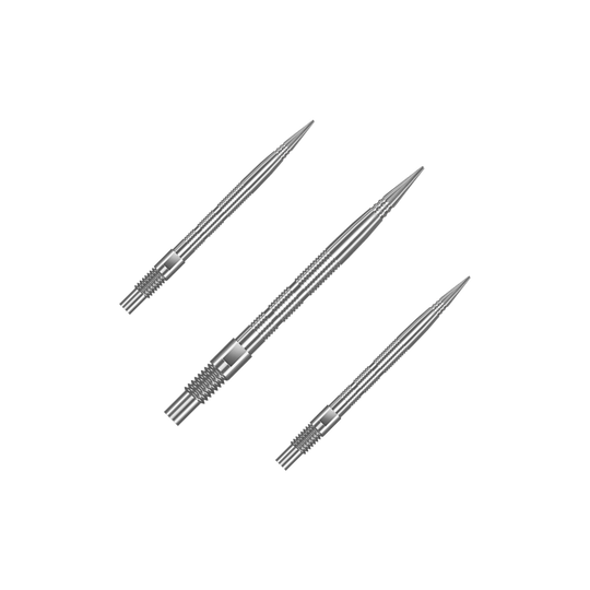 Pointes de fléchettes Harrows Quick Point Micro Ridge - Argent Eine Verpackung mit mehreren Harrows Quick Point MicroRidge Dartspitzen in Silber mit 26 mm Länge ist abgebildet. Die Dartspitzen sind zur besseren Ansicht gruppiert.