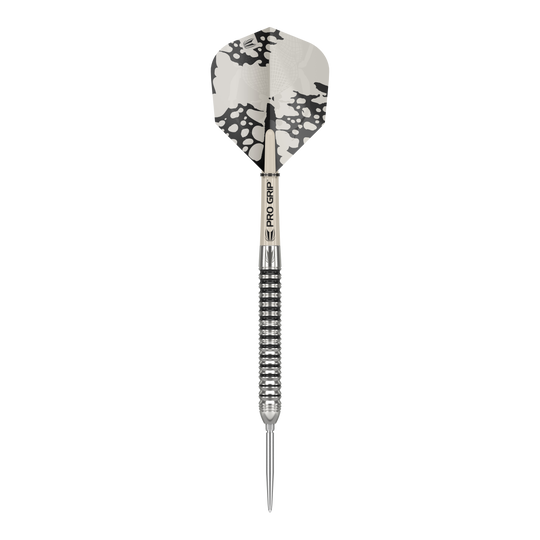 Fléchettes en acier Target EXO SP01 Swiss Point Das Bild zeigt einen Target EXO SP01 Swiss Point Steeldart. Der Dartpfeil hat ein schwarz-silbernes Design mit einer auffälligen schwarz-weißen Flight.