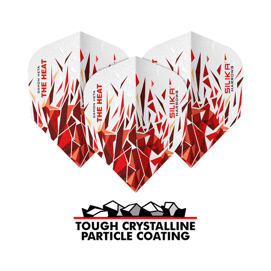 Das Bild zeigt die Harrows Silika Damon Heta 2 Dart-Flights mit auffälligem, rot-weißem Kristalldesign. Unten steht der Schriftzug "Tough Crystalline Particle Coating".