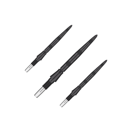Pointes de fléchettes Target Swiss Storm Onyx Point - Noires Auf dem Bild sind drei schwarze Dartspitzen mit silbernen Enden zu sehen. Sie sind in einem Set angeordnet und haben eine strukturierte Oberfläche.