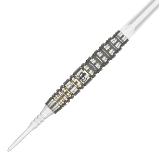 Fléchettes souples Target Japan Prime Series Mayujo Morita GEN6 - 18 g Das Bild zeigt einen Softdart der Produktreihe "Target Japan Prime Series Mayujo Morita GEN6" mit 18 Gramm Gewicht. Der Dart ist silbern mit goldenen Ringen und hat eine weiße Spitze.