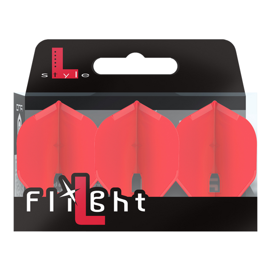 Auf dem Bild ist eine Verpackung mit drei roten Dartflights zu sehen. Die Marke „L-Style“ und der Schriftzug „Flight“ stehen auf der Vorderseite der Packung.