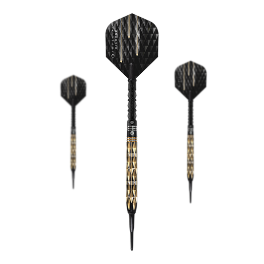Harrows Imperial Diamond Softdarts Das Bild zeigt drei Harrows Imperial Diamond Softdarts mit schwarzem und goldfarbenem Design. Die Darts haben eine strukturierte Oberfläche und schwarze Flights.