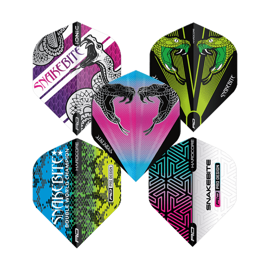X0797_Red_Dragon_Peter_Wright_1_Flight_Card_2 Das Bild zeigt fünf bunte Dart-Flights mit verschiedenen Schlangen- und Musterdesigns aus der Produktreihe „Red Dragon Peter Wright 1 Flight Card“. Jeder Flight hat ein einzigartiges Farbmuster und auffällige Grafiken.