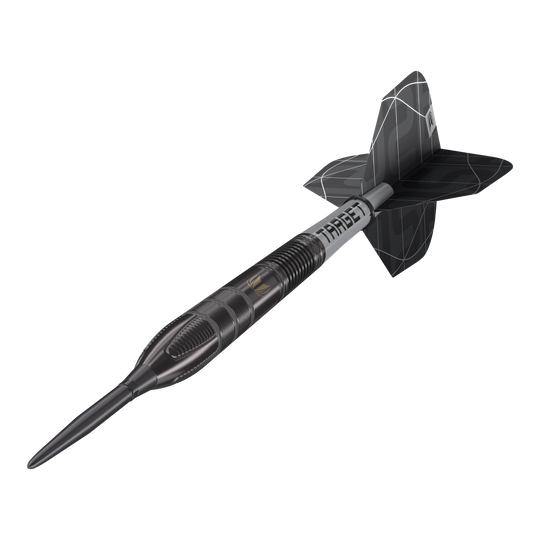 Fléchettes en acier Target Nathan Aspinall X Echo Swiss Point Das Bild zeigt einen Target Nathan Aspinall X Echo Swiss Point Steeldart. Der Dartpfeil ist schwarz-silbern und hat ein modernes, auffälliges Design.