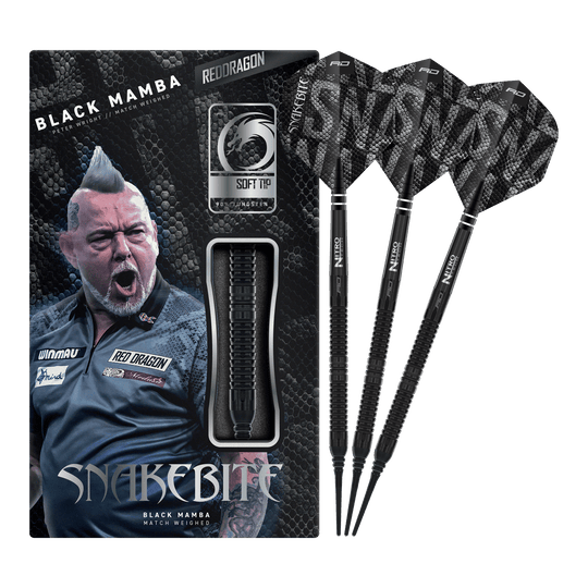 Fléchettes souples Red Dragon Peter Wright Snakebite Black Mamba - 20 g Auf dem Bild ist der Red Dragon Peter Wright Snakebite Black Mamba Softdart mit 20g zu sehen. Er überzeugt durch seine professionelle Verarbeitung und sein elegantes Aussehen.