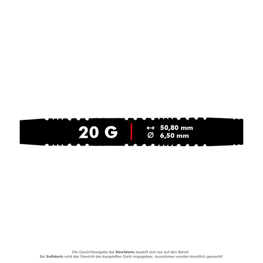 Das Bild zeigt einen Softdart mit einem Gewicht von 20 Gramm. Die Länge beträgt 50,80 mm und der Durchmesser 6,50 mm.