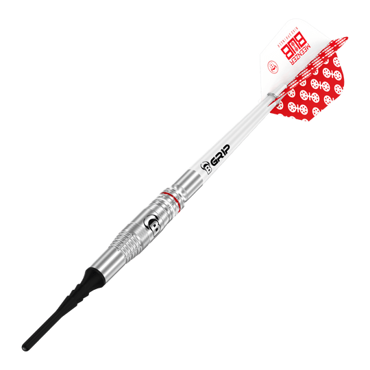 Fléchettes souples Bulls Niko Springer - 22 g Das Bild zeigt einen Bulls Niko Springer Softdart mit einem Gewicht von 22g. Der Dart hat einen silbernen Schaft, schwarze Spitze und weiße Flights mit rotem Muster.